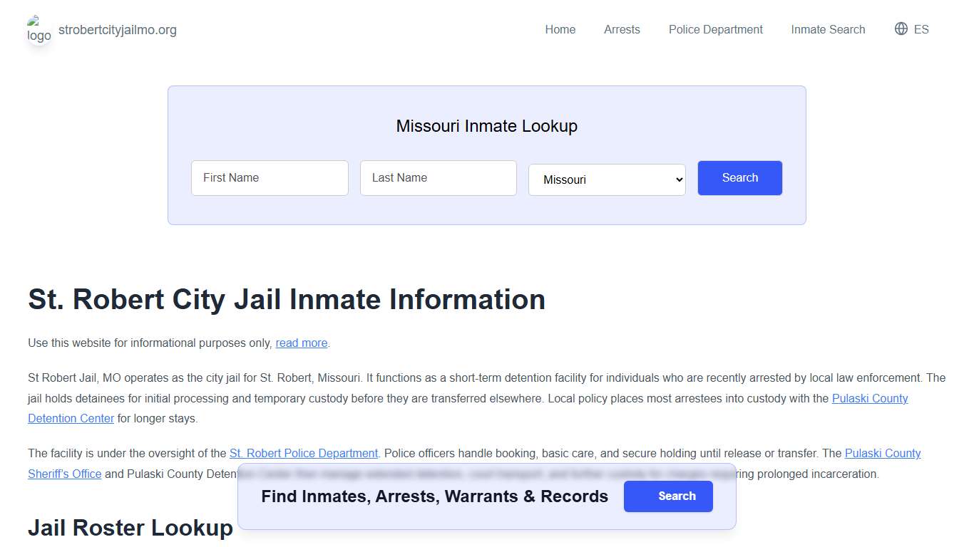 St Robert Jail, MO Inmate Roster, Municipal Jail Info